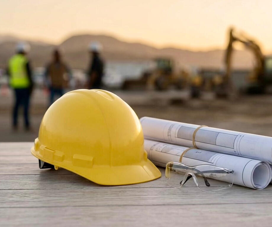 Construction site shown at dusk with heavy equipment.